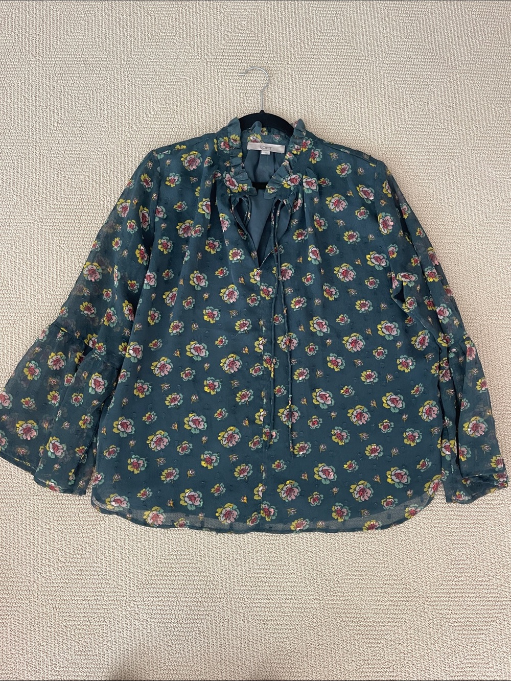 LOFT Teal Floral Tie-Neck Blouse
